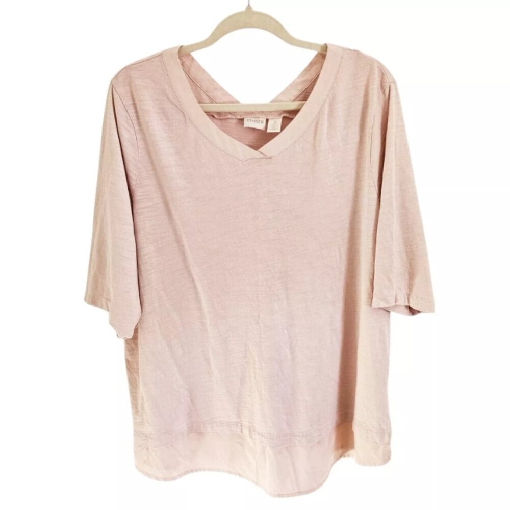 Chico's T-Shirt Women's 3‎ Pink Cotton Blend V-Neck Short Sleeve Relaxed Fit